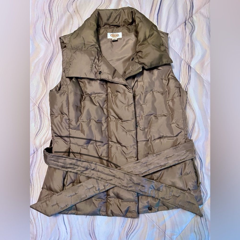 Talbots Belted down puffer vest tan/taupe color